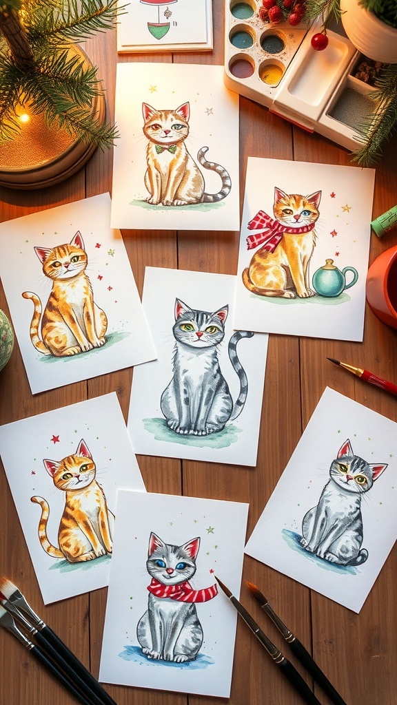 Handmade Watercolor Cat Christmas Cards Handmade watercolor Christmas cards with cat illustrations on a wooden table.
